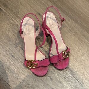Gucci Pink Suede Slingback Heels with Gold Double G size 5